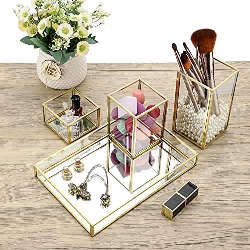 Hipiwe Set of 4 Gold Glass Makeup Brush Holder Organizer with Vanity Tray - Image 4