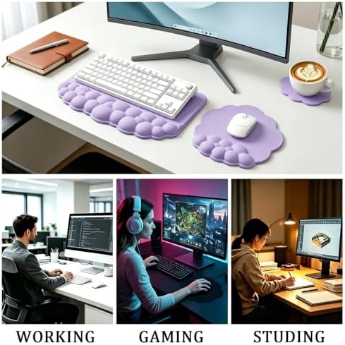 Cloud Keyboard Wrist Rest Set, 3 in 1 Ergonomic Memory Foam Keyboard Stand Pad with Mouse Wrist Support & Cup Holder, Anti-Slip Desk Cushion for Office Gaming Typing Pain Relief, Purple - Image 6