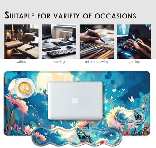 Large Keyboard Mouse Pad Set, Extended Mouse Pad+Keyboard Wrist Rest Support, Memory Foam Ergonomic Easy Typing, 4Pcs (31.5×11.8 in) Desk Pad Set for Office Home,Flowers and Butterflies - Image 7