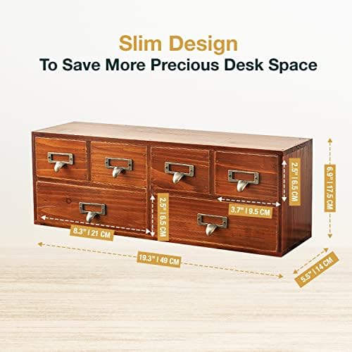 6-Drawer Vintage Desk Organizer Classic Brown Wood Storage Drawers for Tabletop - Slim Retro Style Desktop Organizing Cabinet with 6 Drawers - Office Study Table Wood Storage Box Organizer, 1-pack - Image 2