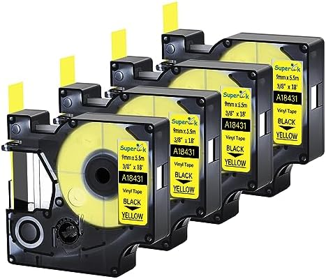 USUPERINK 4 Pack Compatible for Dymo 18431 Black on Yellow 9mm 3/8'' x 5.5m 18' Permanent Vinyl Label Tape Work with Rhino Pro 1000 3000 4200 5000 5200 6000 3M PL100 PL150 Industrial Label Makers by USUPERINK