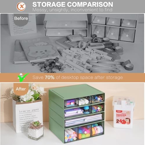 Desk Storage Organizer with 9 Drawers, 4 Tiers Stackable Desktop Craft Storage Drawers, Clear Storage Box Caddy for Stationary Makeup Jewelry Office Craft Supplies (Green) - Image 6