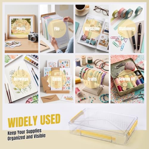 Clear Document Box, Deep A4 Paper Storage Organizer with Snap Latches, Stackable File Case for Certificates Photos Letter Size, Magazine Protector, 14.37" x 9.44" x 2.75" (2 Pack), Yellow - Image 4