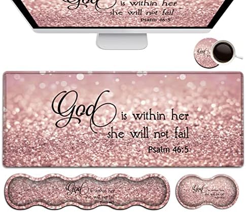 Large Mouse Pad, Desk Mat, Keyboard Pad+ Ergonomic Keyboard Wrist Rest Set,Extended Laptop Protector Writing Mat for Home Office Desktop, Psalm 46:5 Pink Gaming Mouse Pad Office Desk Pad Wrist Rest by FDHHKJUKO