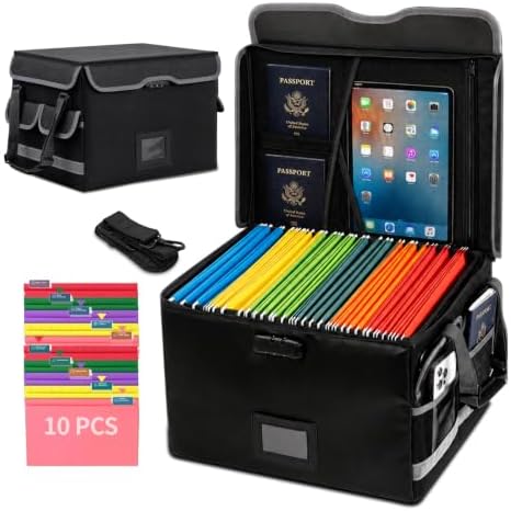 File Box with Lock,Multi-Layer Fireproof Document Box Collapsible File Storage Organizer with Pockets/Handle,Large Portable Home Office Filing Safe for Hanging Letter/Legal Size Folders,Black by Unknown