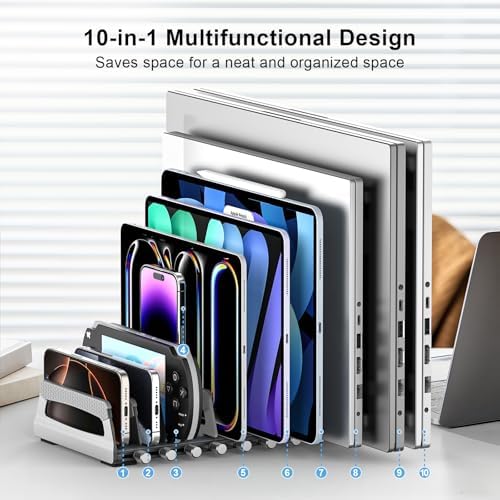 Elestoria 10-Slot Vertical Laptop Stand & Holder – Adjustable Aluminum Laptop Stand Vertical for Desk Fits 10 Devices, MacBook & Gaming Laptops (Up to 17.3”) – Space Saving Laptop Storage Rack - Grey - Image 2
