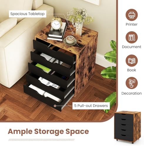 Byroce 5-Drawer Storage Cabinet with Wheels, Mobile Office Cabinet, Coffee - Image 5