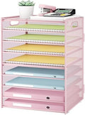Subekyu 9 Tier Paper Letter File Tray Organizer for Desk, Pink Large Mesh Desk Folder Sorter Organizer with Handle, Include 6 Pcs Adjustable Height Slid Tray for Office Home School Supplies Storage by SUBEKYU