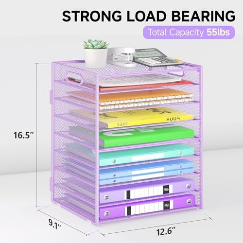 Cawukege 9 Tier Paper Organizer with Handle, Purple Large Capacity Desk Organizer Mesh File Folder Letter Paper Tray Desktop Document Sorter for Classroom, School, and Office Accessories Organization - Image 6