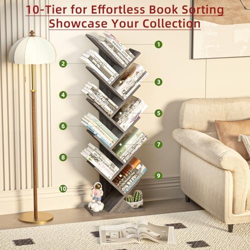 10 Tier Tree Book Shelf, Floor Standing Wood Bookshelf for Narrow Space - Image 5