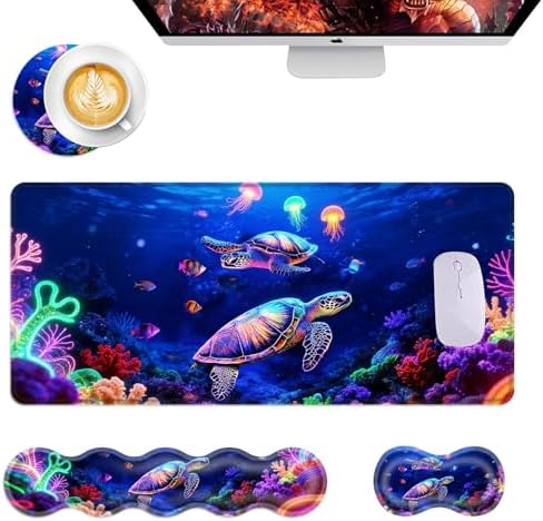 Mouse Pad,Large Desk Mat Set, 4in1 XL Mousepad + Keyboard Wrist Rest+Mouse Wrist Rest+Coaster with Ergonomic Desk Pad for Home Office Table Computer Cover -Neon Sea Turtles by Unknown
