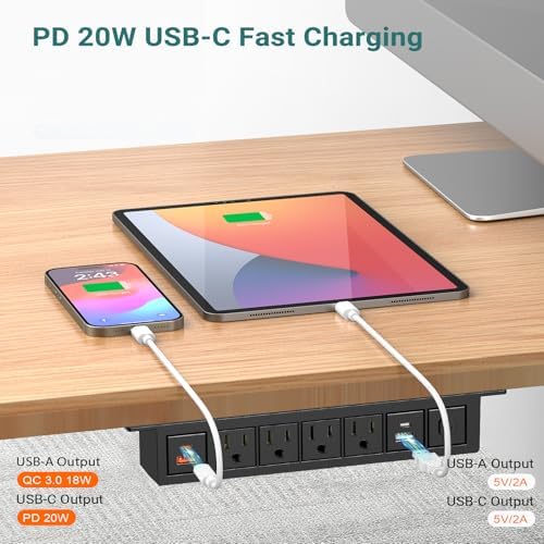 Under Desk Power Strip with 20W USB C, QBA 8-in-1 Desk Outlet Station, 4 AC Outlets, 2 USB-C, 2 USB-A, 10FT Cable, Desk Mount Power Strip for Home Office Conference, ETL Listed(Black) - Image 2