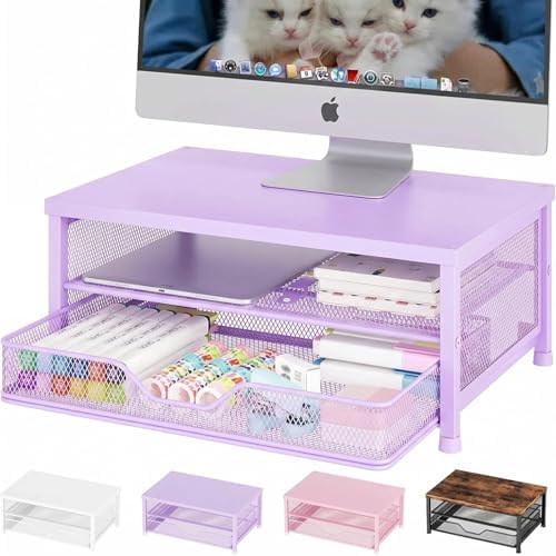 OPNICE Computer Monitor Stand Riser, Desk Organizer with Drawer, Printer & Laptop Stand, Office Desk Accessories & Workspace Desktop Organizers Storage for Office Supplies(Purple) by OPNICE