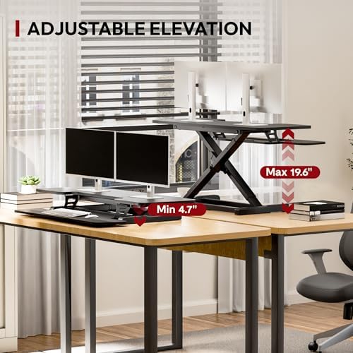 SANODESK 42" Extra Large Standing Desk Converter, Height Adjustable Sit Stand Riser with Wide Keyboard Tray, Dual Monitor Workstation for Home Office, Ergonomic Desktop Riser, Black - Image 5