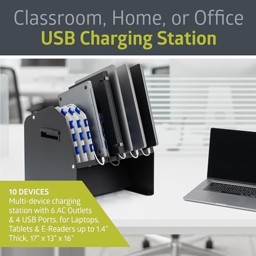 Pearington 10-Device USB Laptop Charging Station for Classroom, Home, or Office, Includes 6 AC Outlets & 4 USB Ports, Store Laptops, Tablets & E-Readers up to 1.4" Thick, 17" x 13" x 16" - Image 2