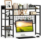GIANTEX Desktop Bookshelf, 37" Desk Shelf for Up to 32" Computer Monitors, 4 Tier Desktop Display Shelves with Grid Panel, 6 Movable Hooks, Anti-tip Device, Desk Hutch for Home Office Dorm (Black) by Giantex