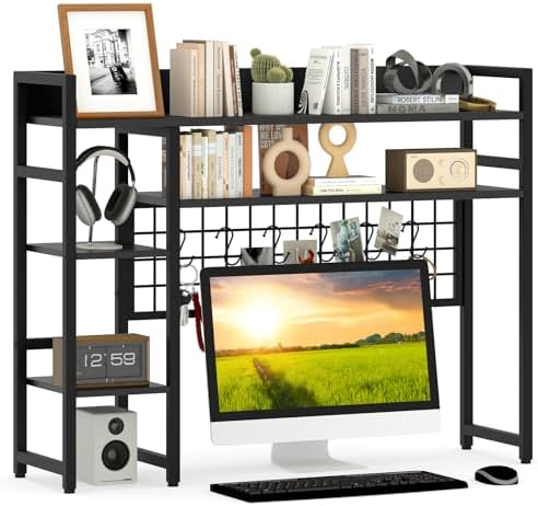 GIANTEX Desktop Bookshelf, 37" Desk Shelf for Up to 32" Computer Monitors, 4 Tier Desktop Display Shelves with Grid Panel, 6 Movable Hooks, Anti-tip Device, Desk Hutch for Home Office Dorm (Black) by Giantex