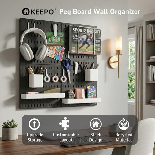Keepo Peg Board Wall Organizer – Plastic Pegboard Panels, Modular Peg Board Storage System For Home Office, Craft Room, Gaming Setup (Black, 22″×22″) - Image 2