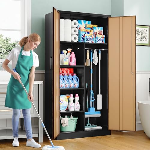 SISESOL Wide & Deep Metal Storage Cabinet with Hanging Rod,Broom Closet Storage Cabinet with Lock,72" Tall Wardrobe Cabinets with Doors and Shelves,Locking Steel Tool Cabinets for Home,Office,Garage - Image 2