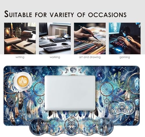 Large Keyboard Mouse Pad Set, Extended Mouse Pad+Keyboard Wrist Rest Support, Memory Foam Ergonomic Easy Typing, 4Pcs (31.5×11.8 in) Desk Pad Set for Office Home,Cool Wolf Dream Catcher - Image 7