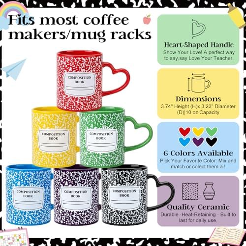 Pickmesh 6 Set Composition Book Mug with Heart Handle 10oz, Back to School Teacher Gift, Cute Teacher Mug Ceramic Coffee Cup, 6 Colors, Classroom Novelty Gift - Image 2