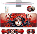 4 in 1 Ergonomic Keyboard Wrist Rest & Mouse Pad Wrist Rest Set, Large XXL Gaming Desk Mat 31.5"x 11.8" with Non-Slip Base, Memory Foam for Home Office Study Gaming, Sugar Skull Girl Roses by Unknown