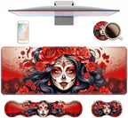 4 in 1 Ergonomic Keyboard Wrist Rest & Mouse Pad Wrist Rest Set, Large XXL Gaming Desk Mat 31.5"x 11.8" with Non-Slip Base, Memory Foam for Home Office Study Gaming, Sugar Skull Girl Roses by Unknown