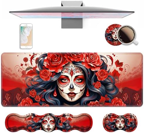 4 in 1 Ergonomic Keyboard Wrist Rest & Mouse Pad Wrist Rest Set, Large XXL Gaming Desk Mat 31.5"x 11.8" with Non-Slip Base, Memory Foam for Home Office Study Gaming, Sugar Skull Girl Roses by Unknown
