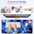 Large Gaming Mouse Pad Set, 4 in 1 Extended Keyboard Desk Mat with Wrist Rest, Computer Game Mousepad, Non-Slip Desk Pad Protector Easy Typing Pain Relief for Home Office I Anime Neon Street - Image 4