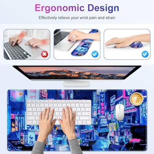 Large Gaming Mouse Pad Set, 4 in 1 Extended Keyboard Desk Mat with Wrist Rest, Computer Game Mousepad, Non-Slip Desk Pad Protector Easy Typing Pain Relief for Home Office I Anime Neon Street - Image 4