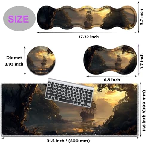 Large Gaming Mouse Pad, Keyboard Wrist Rest Pad + Mouse Wrist Pad + Coaster 4 in 1 Set, Extended Waterproof Non-Slip Desk Mat, Suitable for Office Home Learning Games, Pirate Ship - Image 6