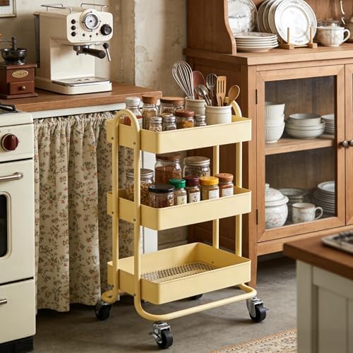 3 Tier Metal Rolling Cart, Utility Storage Cart Shelf Organizer with Wheels for Home & Office, Light Yellow - Image 6