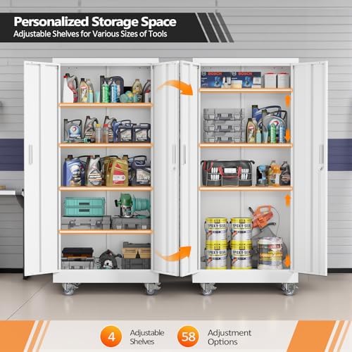 VINGLI Rolling Metal Storage Cabinet with Adjustable Shelves, 71'' Tall Garage Storage Cabinet with Wheels, Locking Tool Cabinets for Home Office Garage Gym School (White) - Image 4