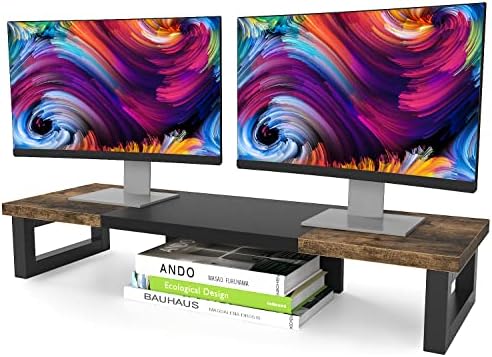 WESTREE Dual Monitor Stand Riser, Wood and Steel Multi-Purpose Desktop Storage Stand for 2 Monitors for Computer, Laptop, Printer, TV, Rustic Brown by WESTREE