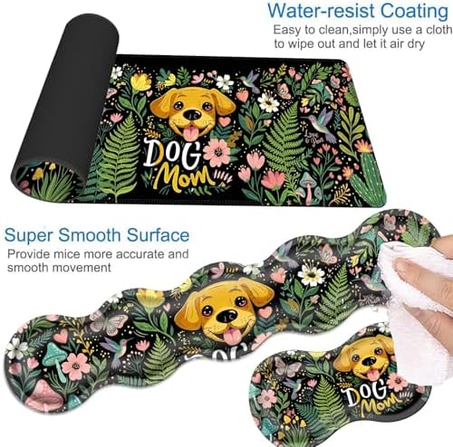 Desk Mat, Mouse Pad with Wrist Rest, 4-in-1 Large Mouse Pads for Desk, Ergonomic Mouse Pad and Keyboard Wrist Rest Gaming Keyboard Mat for Office,Dog Mom Flower - Image 3