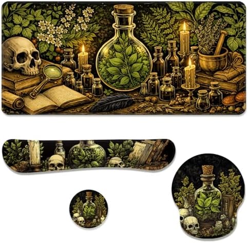 Dark Alchemy Desk Mat Set Witch Herbal Skull Study Large Mouse Pad with Wrist Rest 4in1 Desk Mat for Desktop Ergonomic Computer Desk Arm Wrist Anti-Slip Computer Mouse Pad Home Office Gaming by Unknown