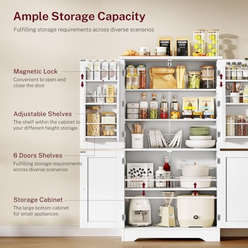 TEENFON Storage Cabinet, Pantry Cabinet with 4 Doors and 3 Storage Shelves, Kitchen Cabinet, Bathroom Storage Cabinet for Living Room, Small Space, Dining Room, 51”H White - Image 4
