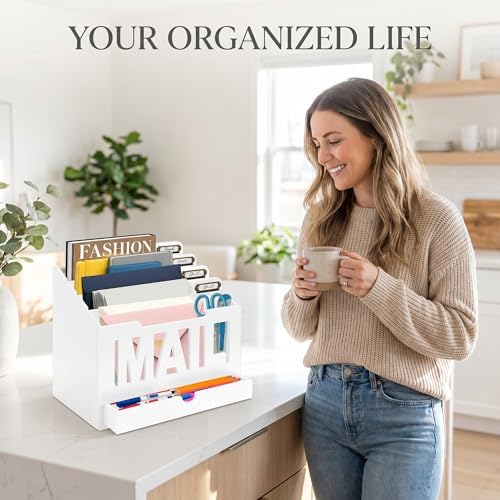 Mail Organizer Countertop, Desktop Mail Sorter with Drawer & Label Tags, WH - Image 4