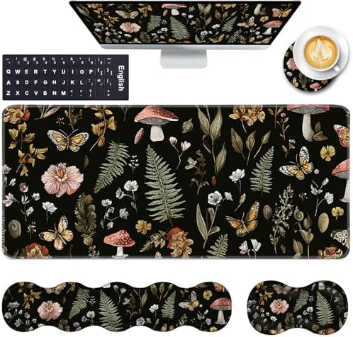 Keyboard Wrist Rest and Mouse Pad with Wrist Support Set Ergonomic Coaster,Memory Foam,Easy Typing Pain Relief,Large XL Desk Mat 31.5"x 11.8",Magic Mushrooms by CICPLKSE
