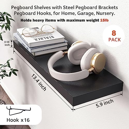 Black Pegboard Shelf, 8 Pack Wooden Pegboard Shelves with Metal Brackets Hooks, Heavy Duty Peg Board Organizer Shelves, Pegboard Accessories Organizer for Crafts Room, Garage, Workbench, Office - Image 3