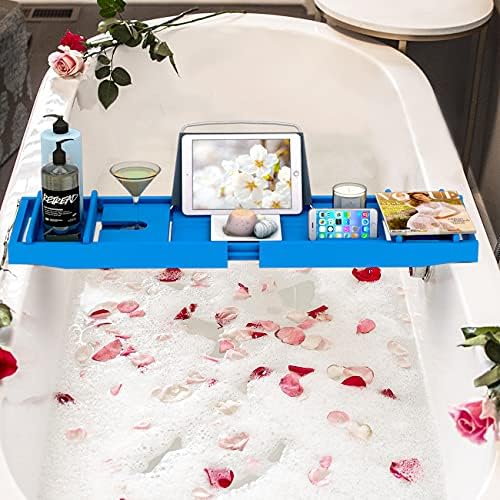 Domax Bamboo Bathtub Tray - Expandable Bath Caddy Tray for Tub, Blue - Image 5