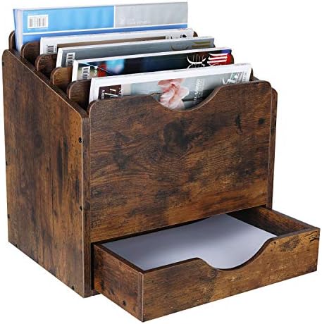 PAG-Mass Wood Desktop File Holder Organizer Mail Sorter with Drawer, for File Folders, Mails, Envelopes, Mailing Supplies or Magazines, 6 Compartments, Antique Brown by PAG