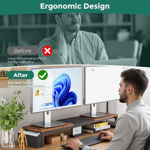 Dual Monitor Stand Riser, 41.5'' Extra Long Wood Monitor Stand Desktop Organizer with Side Pocket, Ergonomic Monitor Riser Supports 2 Monitors,TV,Laptop,Printer for Home Office, Rustic Brown - Image 4