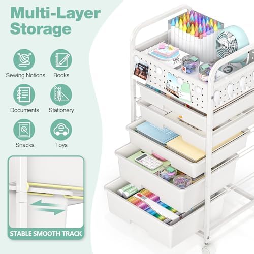 5 Drawer Rolling Storage Cart with Pegboard Top and Hooks, White - Image 3