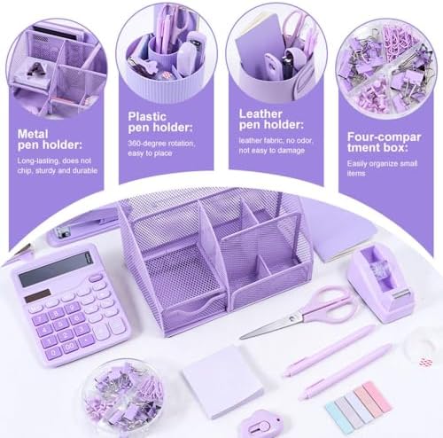 Gawsey Desk Organizers and Accessories with Desk Organizer 360° Rotating Pen Holder and Office Supplies, Cute Stationery Supplies Set (Purple) - Image 2
