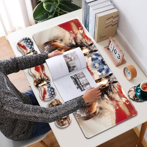 31.5"x 11.8" Oversized Gaming Mouse Pad Set, Ergonomic Keyboard and Mouse Wrist Rest + Cup Holder, Non-Slip Desktop Pad, Suitable for Home and Office Use, American Flag and Horse - Image 6