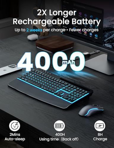 SABLUTE Wireless Backlit Keyboard and Mouse Combo, Rechargeable Quiet - Image 2