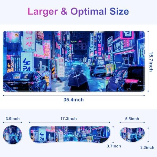 Large Gaming Mouse Pad Set, 4 in 1 Extended Keyboard Desk Mat with Wrist Rest, Computer Game Mousepad, Non-Slip Desk Pad Protector Easy Typing Pain Relief for Home Office I Anime Neon Street - Image 6