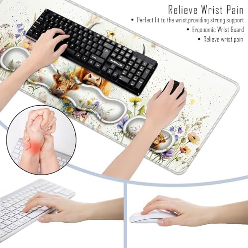 TGFEWYTJYJ Extended Gaming Mouse Pad,Memory Foam Ergonomic Keyboard Mouse Wrist Rest Support Set,Large Desk Mat with Stitched Edges,Non-Slip Base Mousepad Home Office,Cute Highland Cow - Image 6