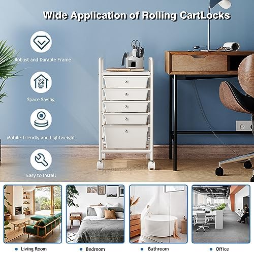 Rolling Storage Cart with Drawers 5-Tier Lock Wheels Office White - Image 4